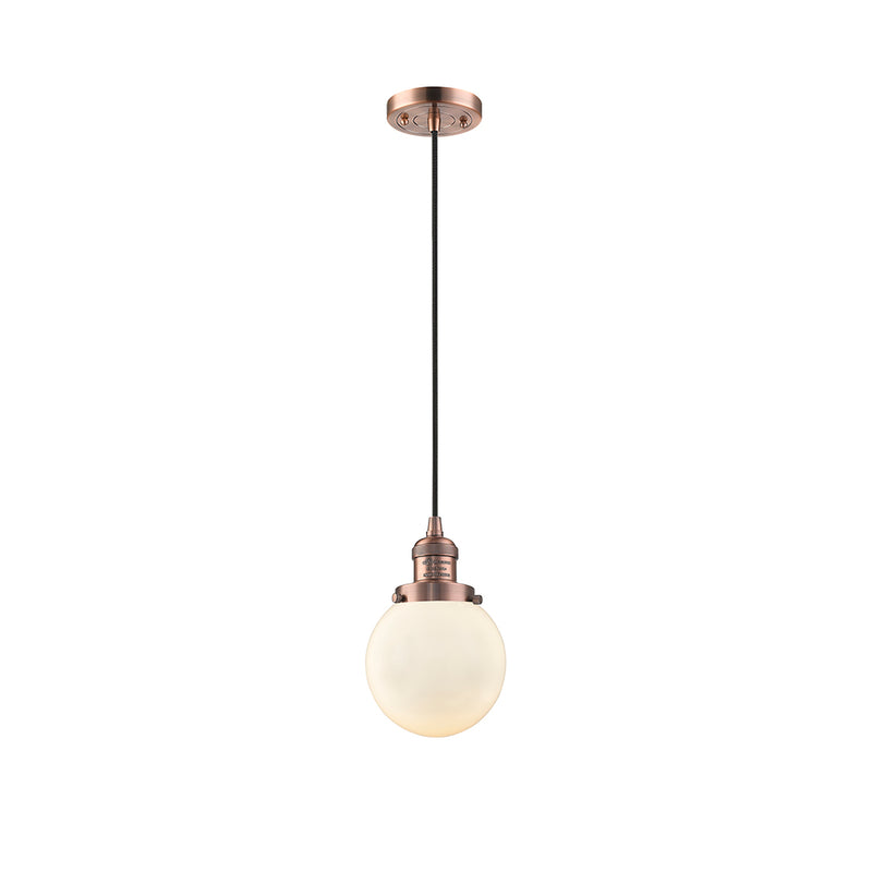 Beacon Mini Pendant shown in the Antique Copper finish with a Matte White shade