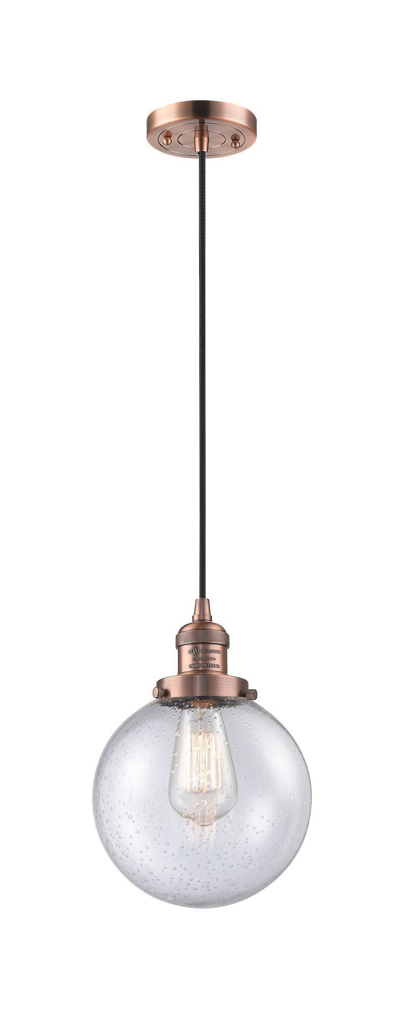 Innovations Lighting Beacon 1-100 watt 6 inch Antique Copper Mini Pendant with Seedy glass 201CACG2048