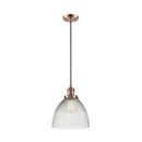 Seneca Falls Mini Pendant shown in the Antique Copper finish with a Clear Halophane shade