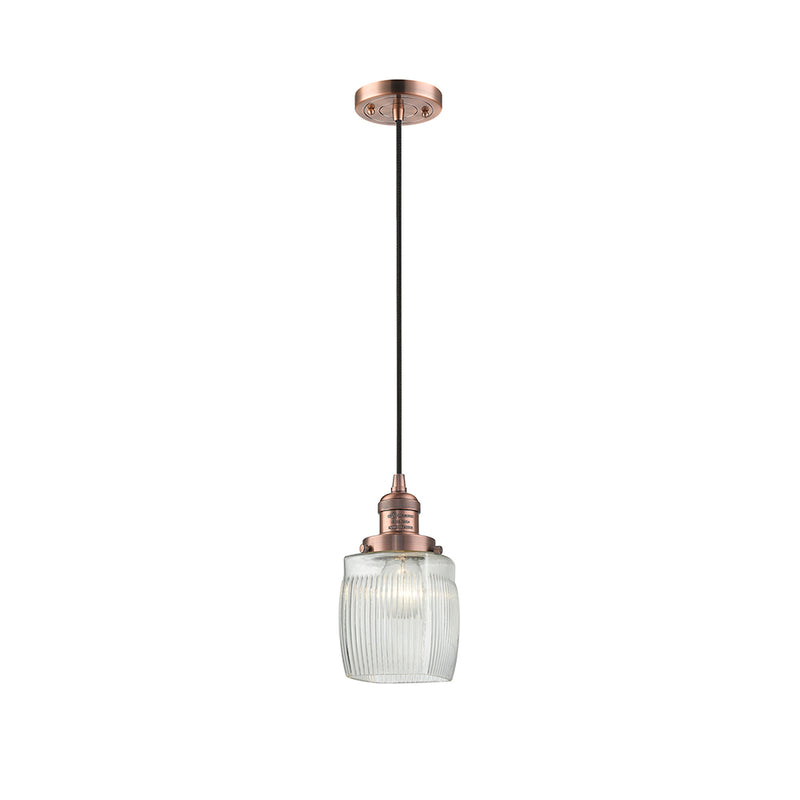 Colton Mini Pendant shown in the Antique Copper finish with a Clear Halophane shade