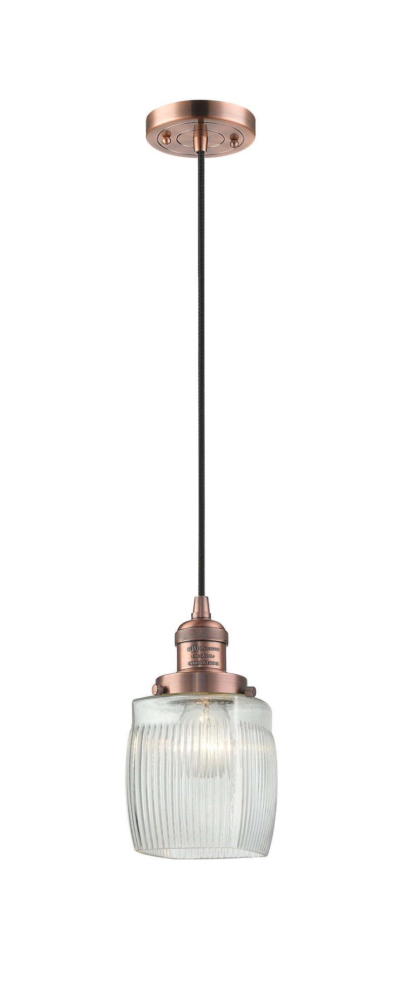 Innovations Lighting Colton 1-100 watt 8 inch Antique Copper Mini Pendant with Thick Clear Halophane glass 201CACG302