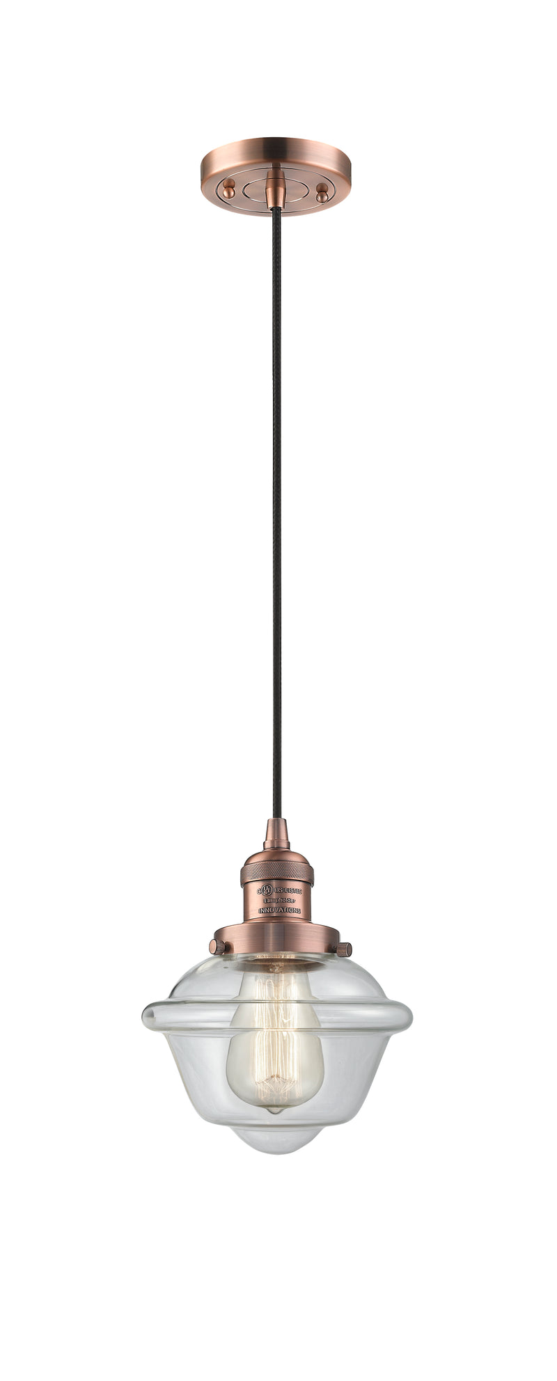 Innovations Lighting Small Oxford 1-100 watt 8 inch Antique Copper Mini Pendant with Clear glass 201CACG532