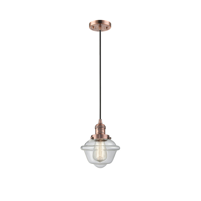 Oxford Mini Pendant shown in the Antique Copper finish with a Clear shade