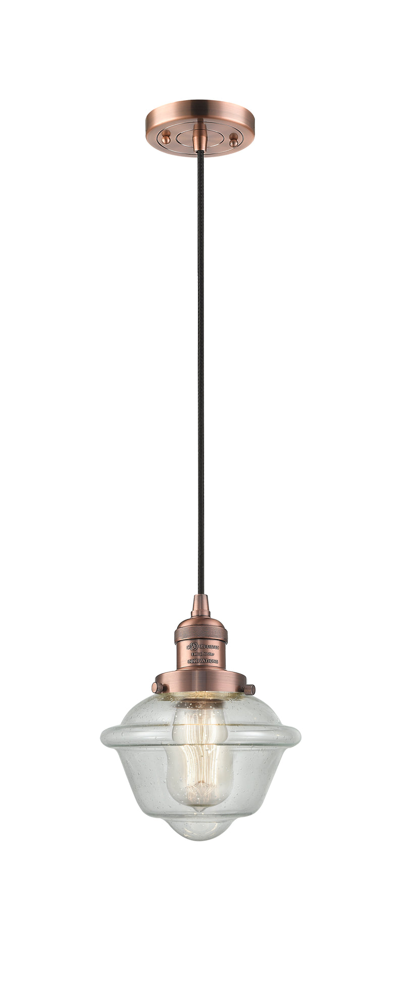 Innovations Lighting Small Oxford 1-100 watt 8 inch Antique Copper Mini Pendant with Seedy glass 201CACG534