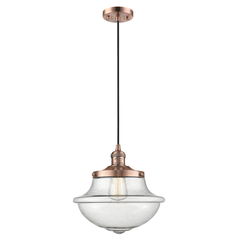 Oxford Mini Pendant shown in the Antique Copper finish with a Seedy shade