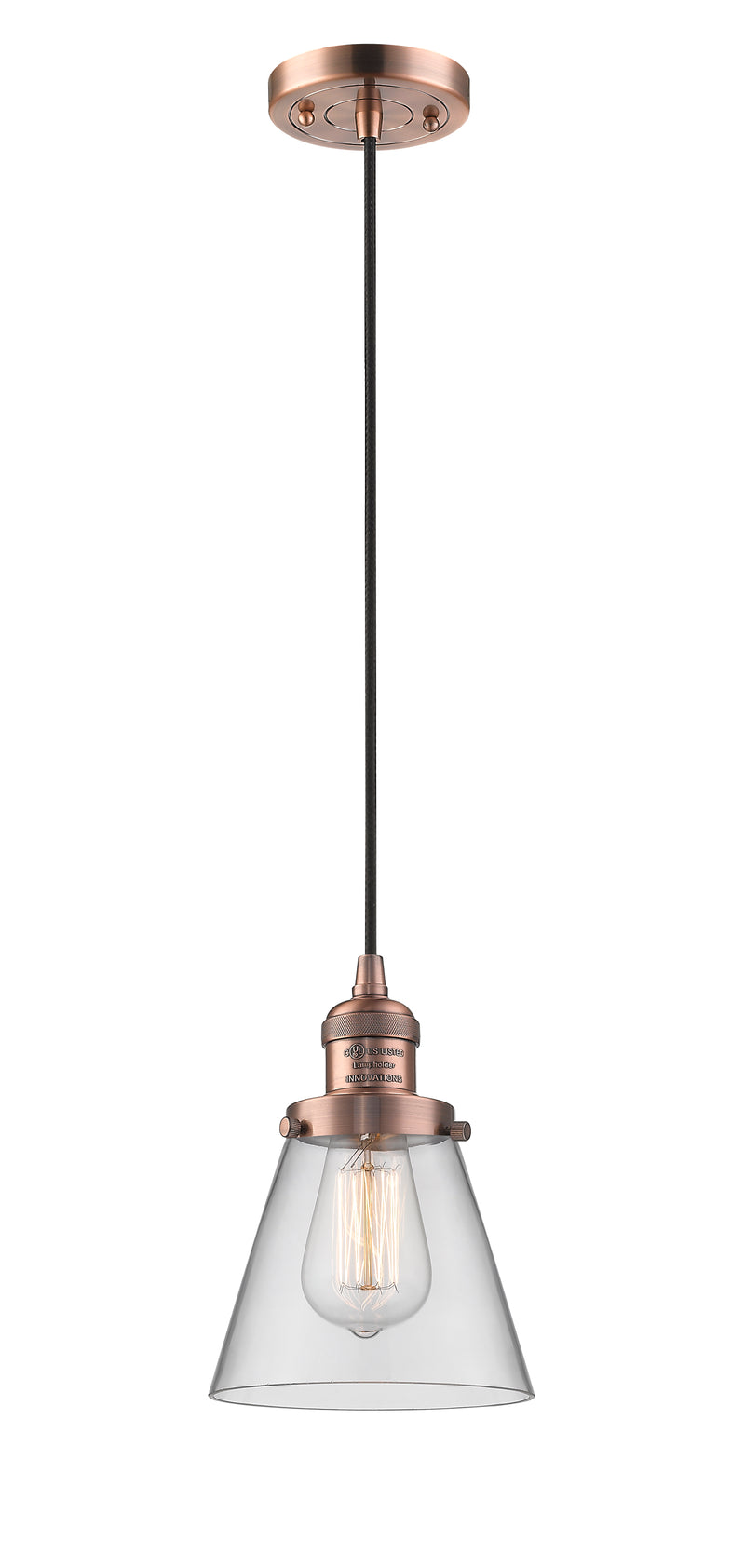 Innovations Lighting Small Cone 1-100 watt 6 inch Antique Copper Mini Pendant with Clear glass 201CACG62