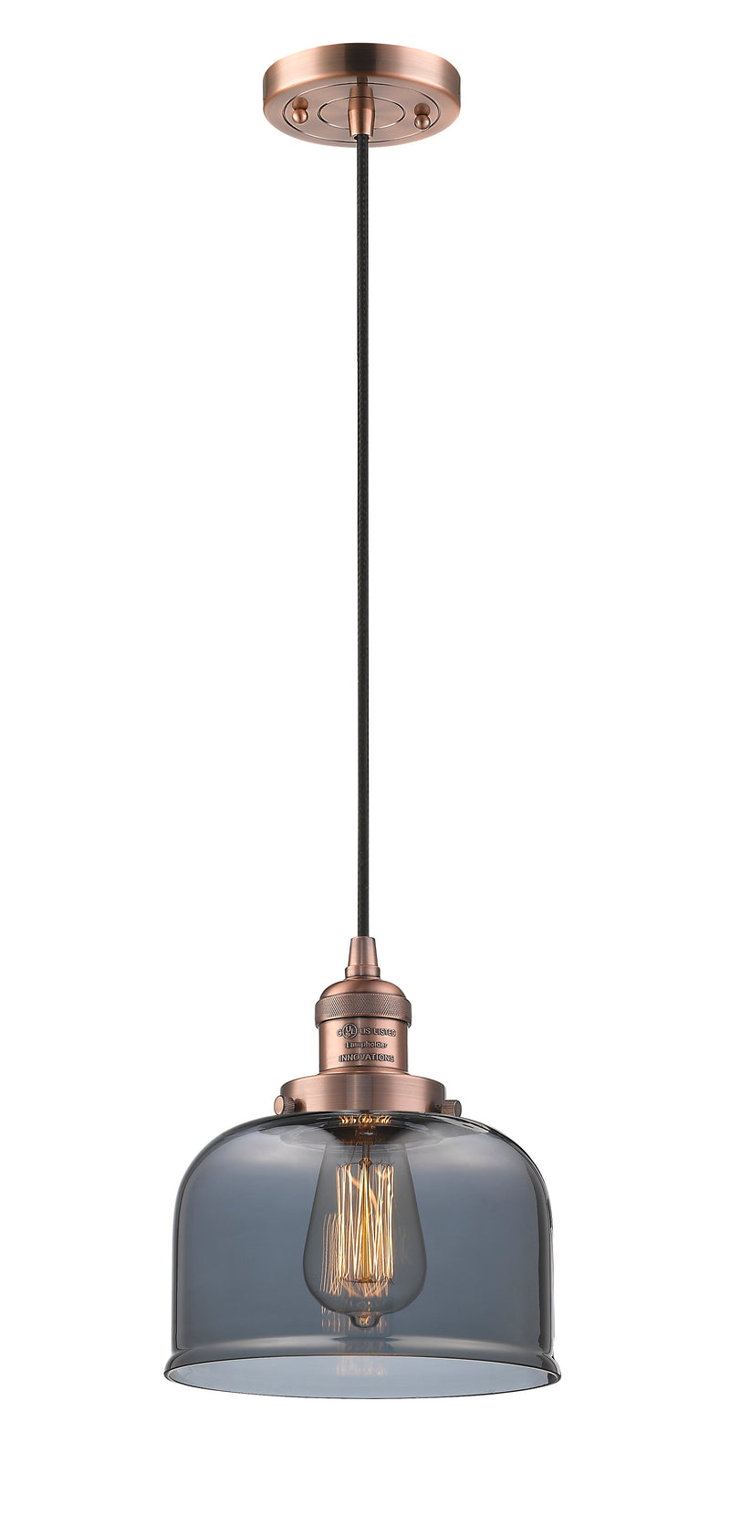 Innovations Lighting Large Bell 1-100 watt 8 inch Antique Copper Mini Pendant with Smoked glass 201CACG73