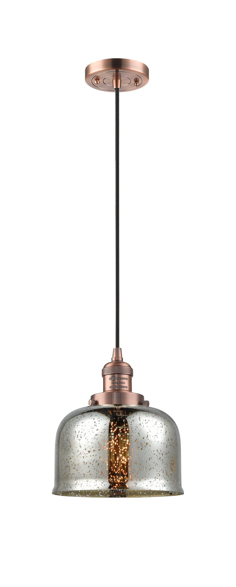 Innovations Lighting Large Bell 1-100 watt 8 inch Antique Copper Mini Pendant with Silver Plated Mercury glass 201CACG78