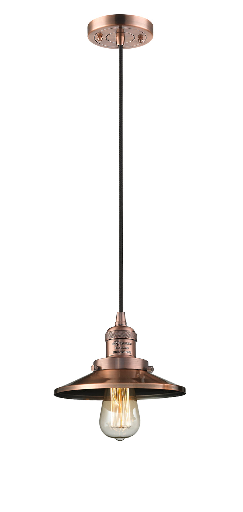 Innovations Lighting Railroad 1-100 watt 8 inch Antique Copper Mini Pendant with Antique Copper Railroad shades  201CACM3