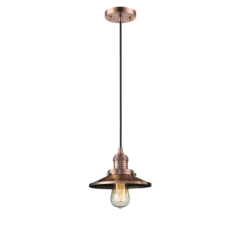 Railroad Mini Pendant shown in the Antique Copper finish with a Antique Copper shade