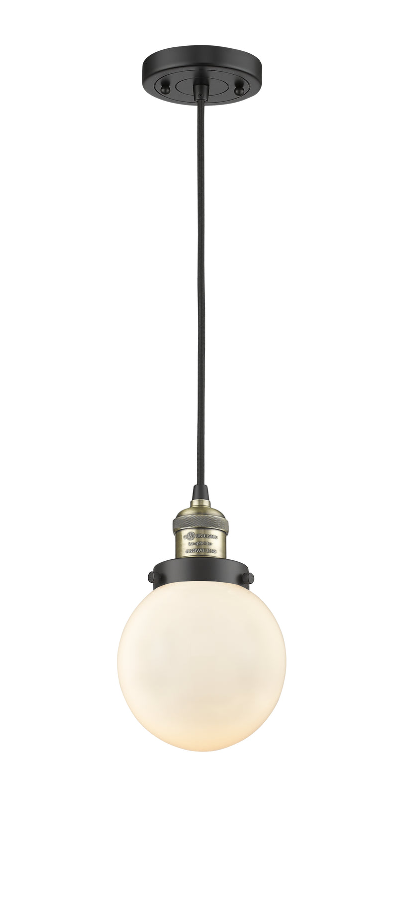 Innovations Lighting Beacon 1-100 watt 6 inch Black Antique Brass Mini Pendant with Matte White Cased glass 201CBABG2016