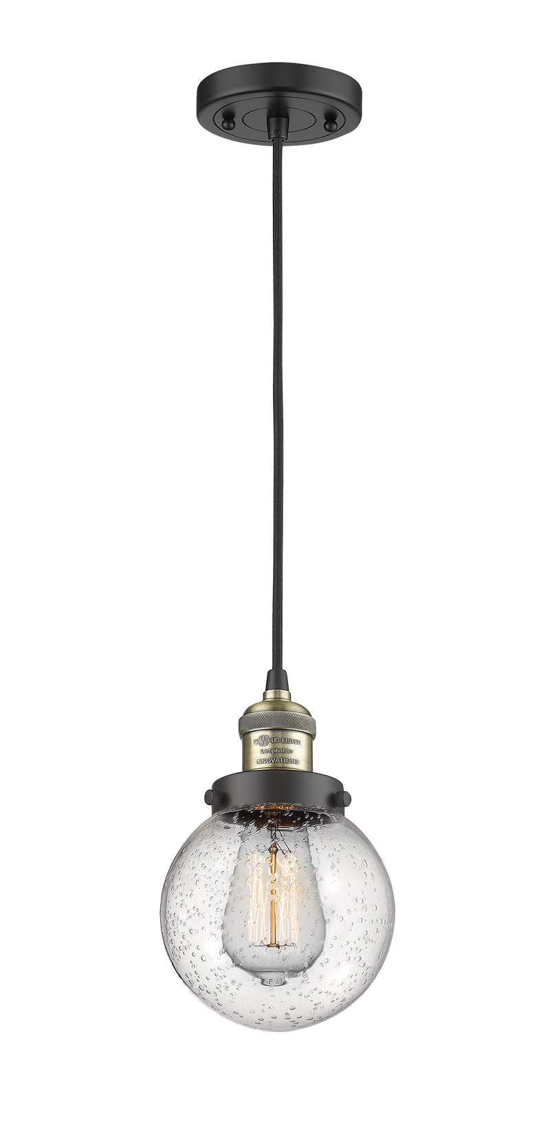 Innovations Lighting Beacon 1-100 watt 6 inch Black Antique Brass Mini Pendant with Seedy glass 201CBABG2046