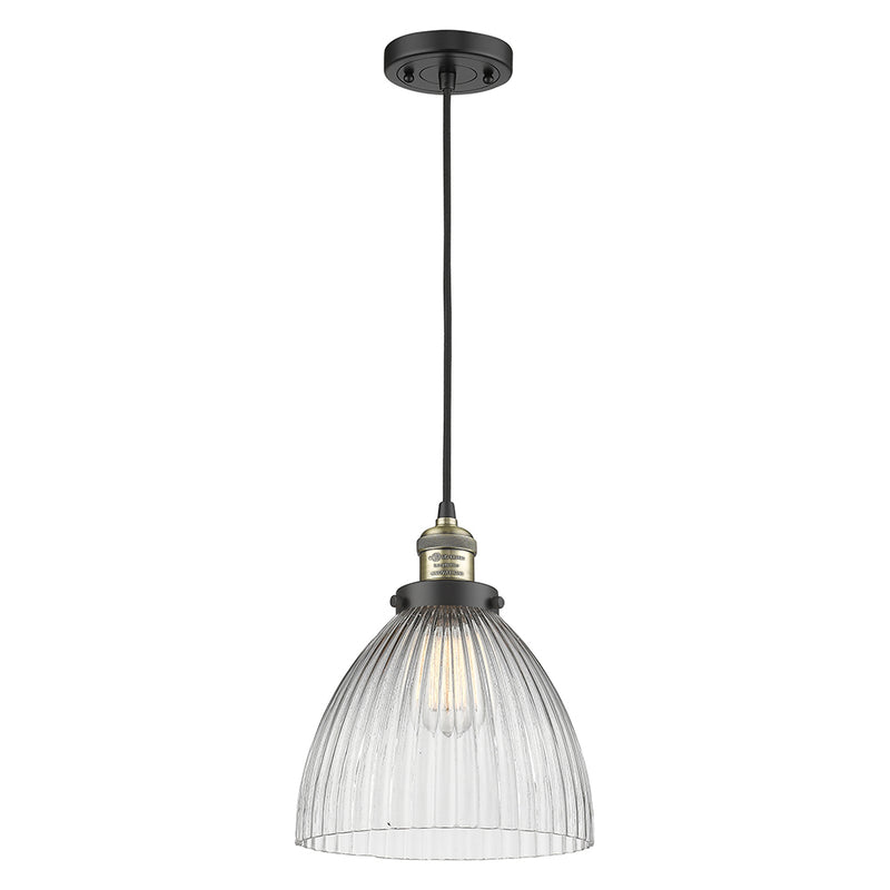 Seneca Falls Mini Pendant shown in the Black Antique Brass finish with a Clear Halophane shade