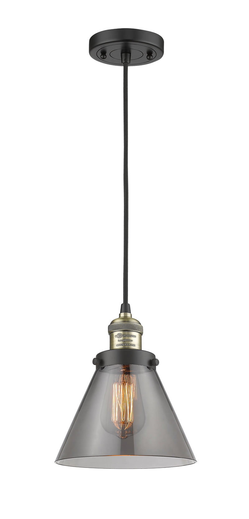 Innovations Lighting Large Cone 1-100 watt 8 inch Black Antique Brass Mini Pendant with Smoked glass 201CBABG43