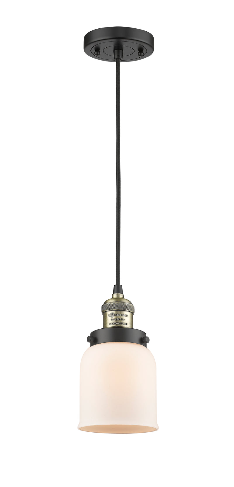 Innovations Lighting Small Bell 1-100 watt 5 inch Black Antique Brass Mini Pendant with Matte White Cased glass 201CBABG51