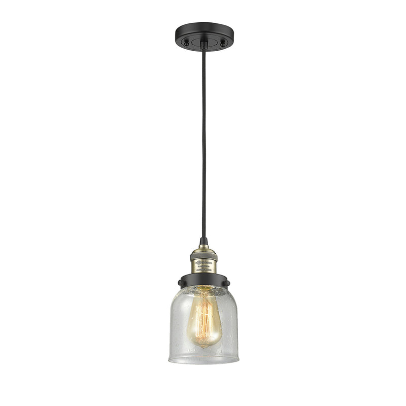 Bell Mini Pendant shown in the Black Antique Brass finish with a Seedy shade