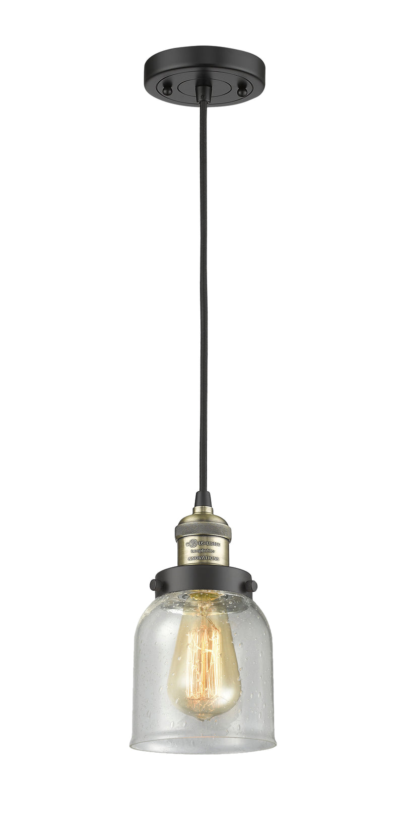 Innovations Lighting Small Bell 1-100 watt 5 inch Black Antique Brass Mini Pendant with Seedy glass 201CBABG54