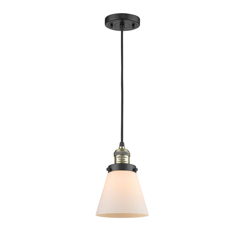 Cone Mini Pendant shown in the Black Antique Brass finish with a Matte White shade