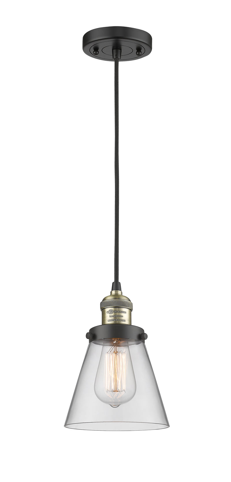 Innovations Lighting Small Cone 1-100 watt 6 inch Black Antique Brass Mini Pendant with Clear glass 201CBABG62