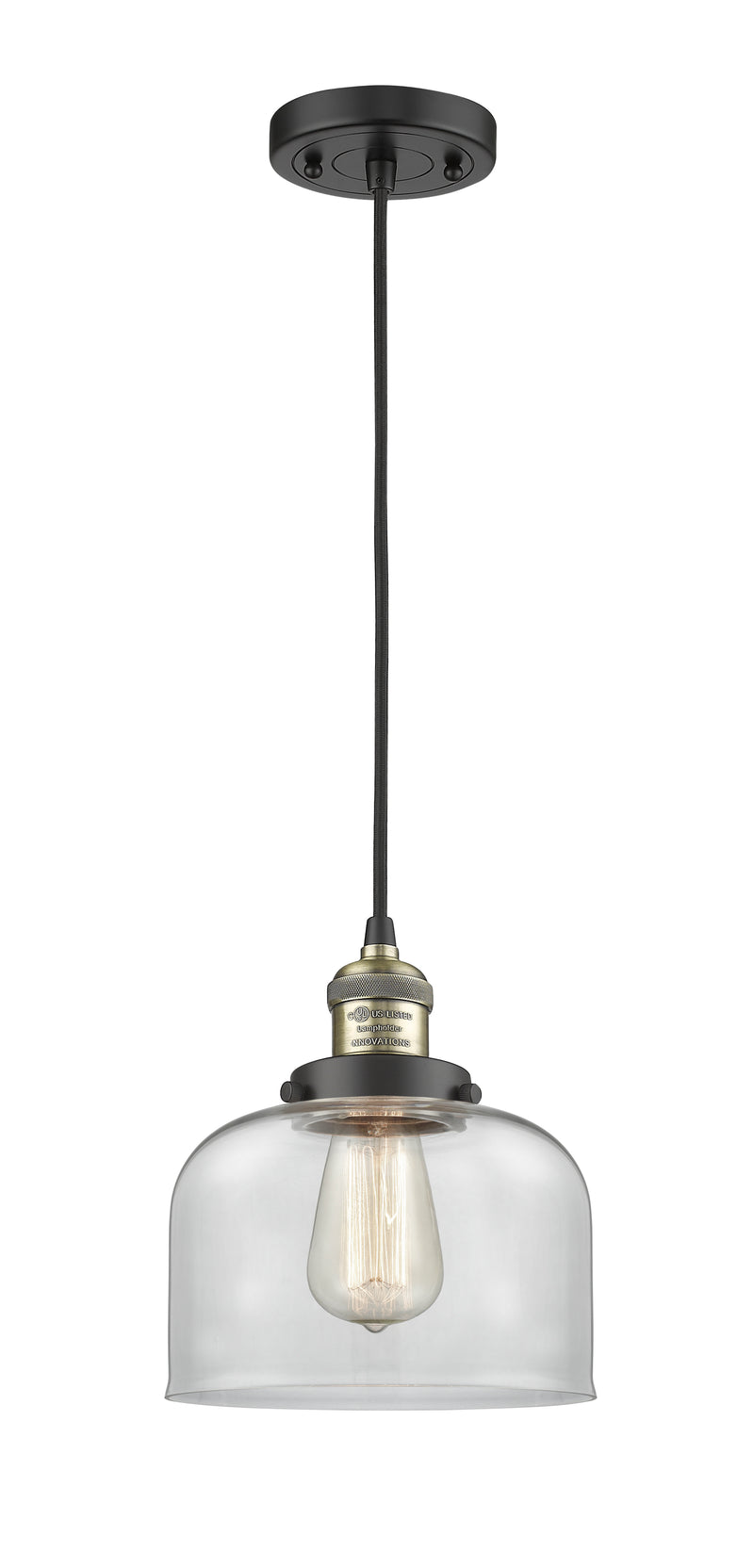 Innovations Lighting Large Bell 1-100 watt 8 inch Black Antique Brass Mini Pendant with Clear glass 201CBABG72