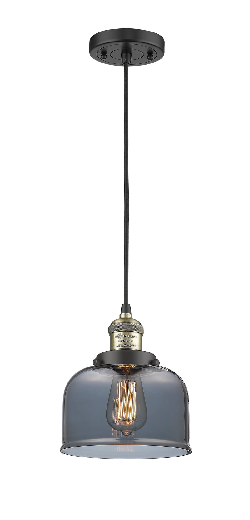 Innovations Lighting Large Bell 1-100 watt 8 inch Black Antique Brass Mini Pendant with Smoked glass 201CBABG73