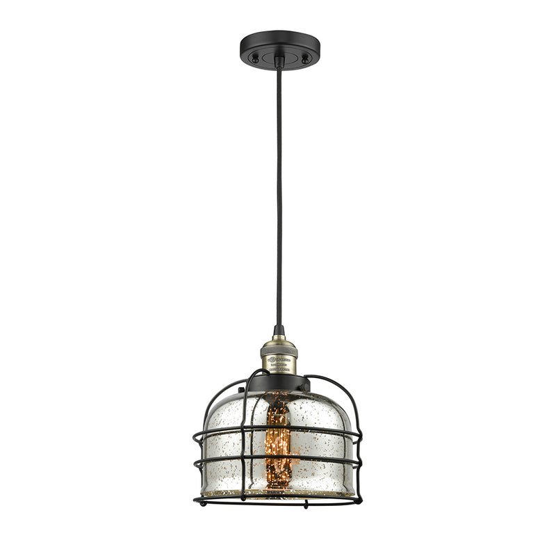 Bell Cage Mini Pendant shown in the Black Antique Brass finish with a Silver Plated Mercury shade