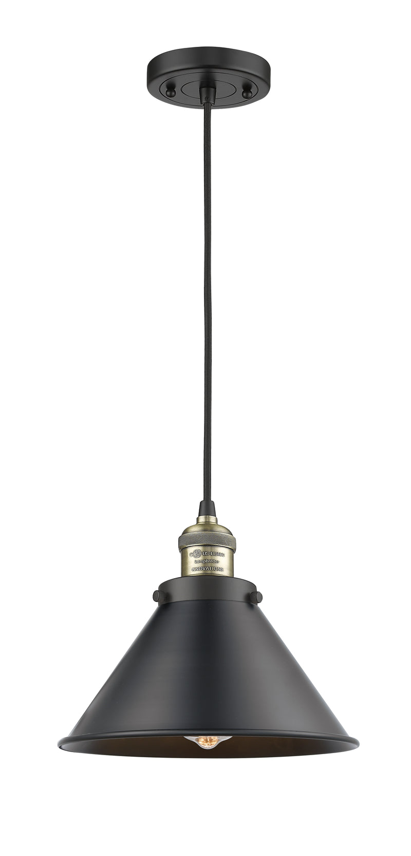 Innovations Lighting Briarcliff 1-100 watt 10 inch Black Antique Brass Mini Pendant with Black Briarcliff shades  201CBABM10BK