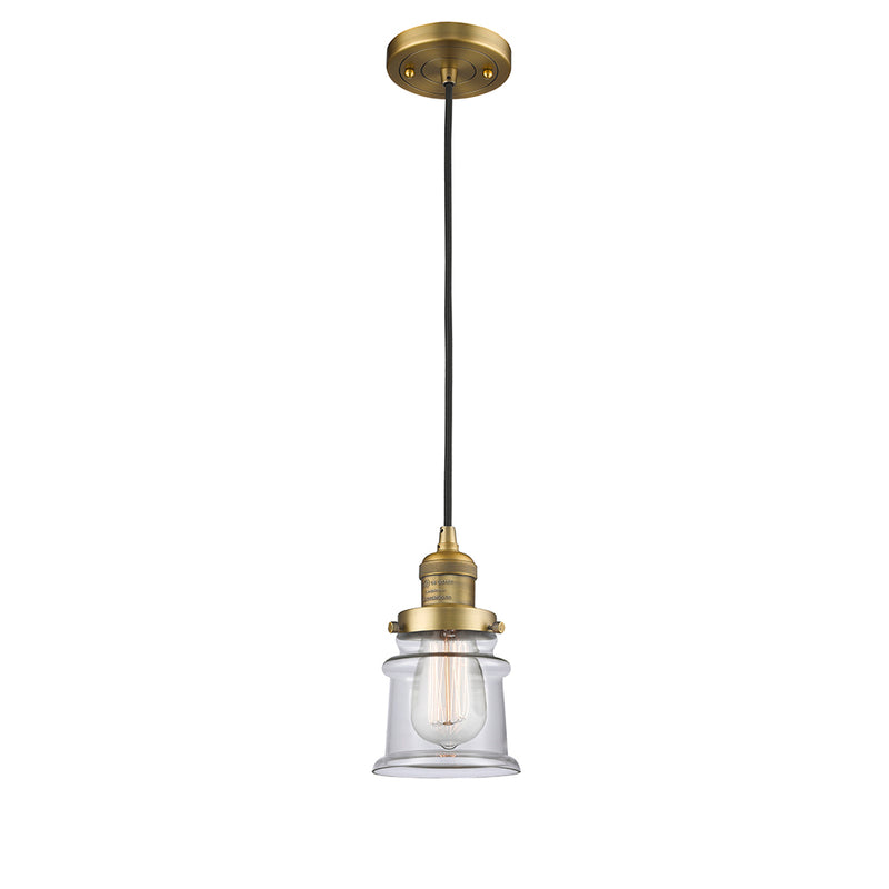 Canton Mini Pendant shown in the Brushed Brass finish with a Clear shade