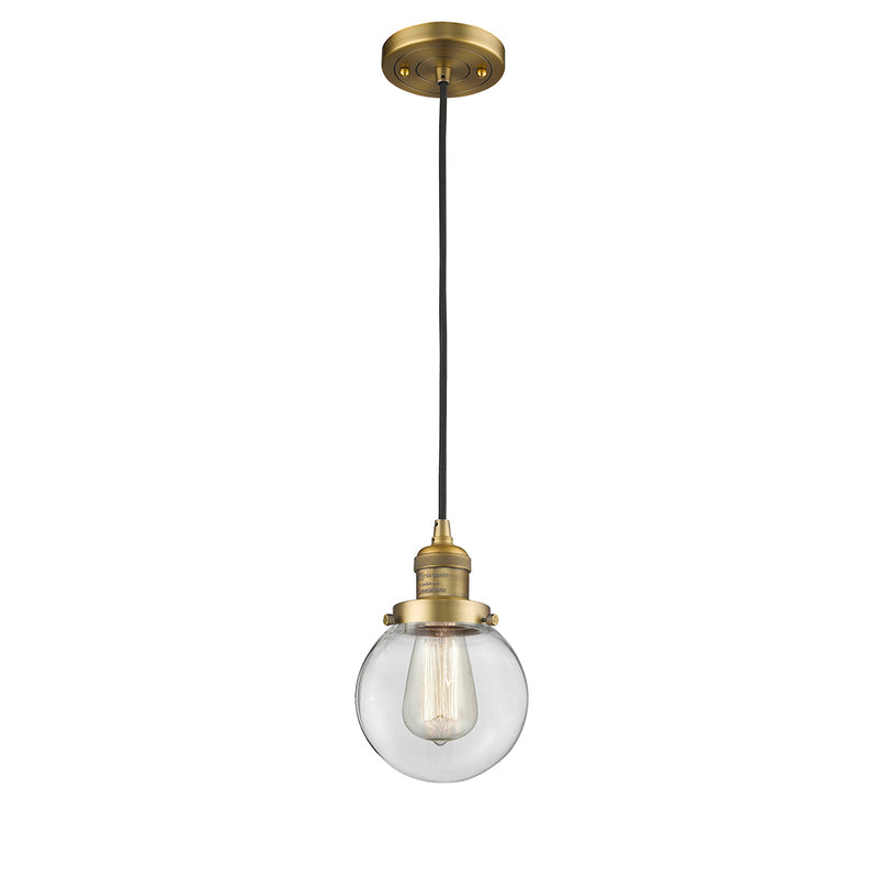 Beacon Mini Pendant shown in the Brushed Brass finish with a Clear shade