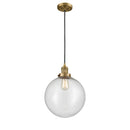 Beacon Mini Pendant shown in the Brushed Brass finish with a Seedy shade