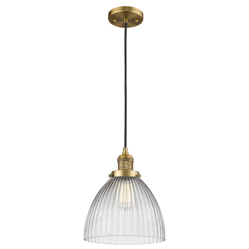 Seneca Falls Mini Pendant shown in the Brushed Brass finish with a Clear Halophane shade