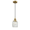 Colton Mini Pendant shown in the Brushed Brass finish with a Clear Halophane shade