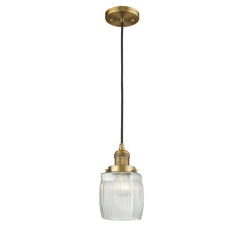 Colton Mini Pendant shown in the Brushed Brass finish with a Clear Halophane shade