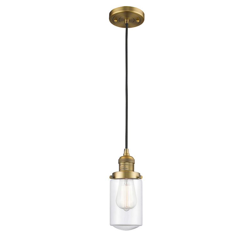 Dover Mini Pendant shown in the Brushed Brass finish with a Clear shade