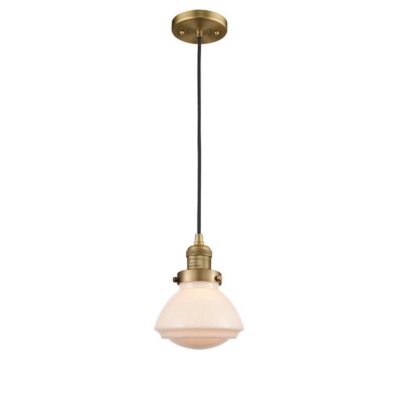 Olean Mini Pendant shown in the Brushed Brass finish with a Matte White shade