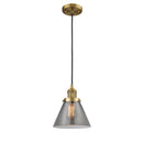 Cone Mini Pendant shown in the Brushed Brass finish with a Plated Smoke shade