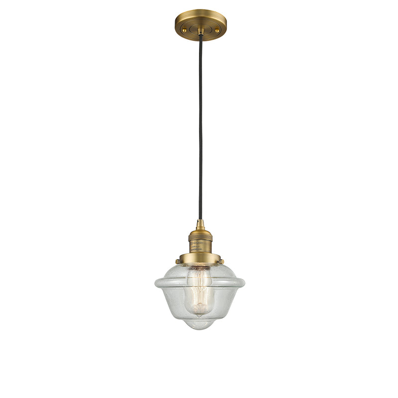 Oxford Mini Pendant shown in the Brushed Brass finish with a Seedy shade