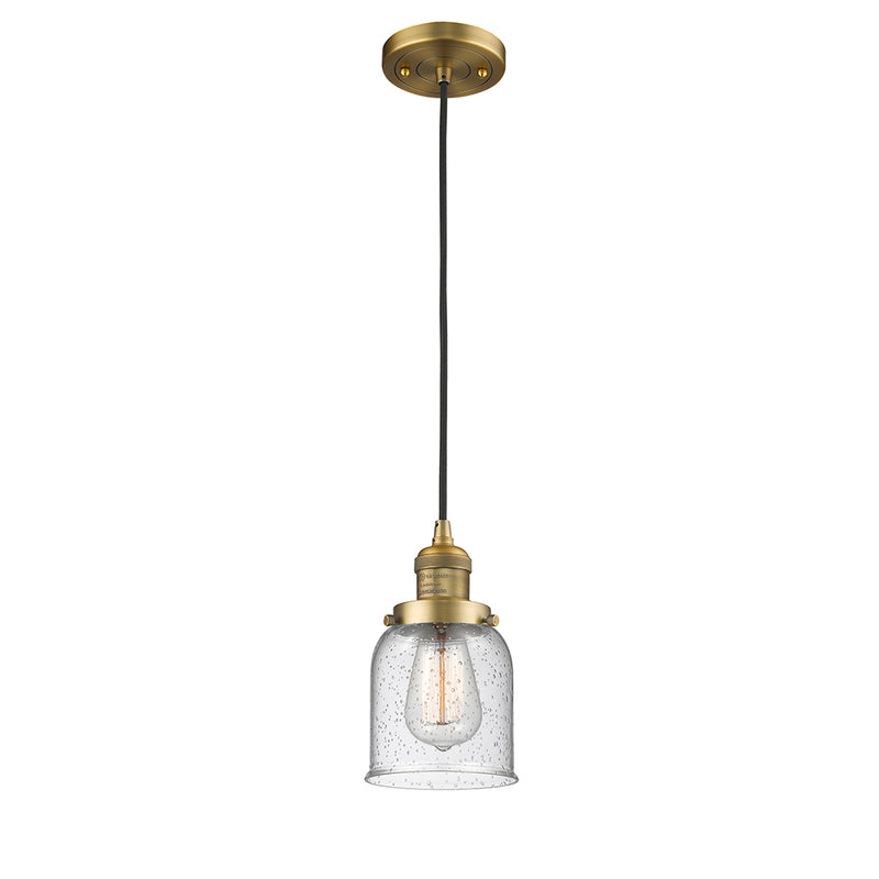 Bell Mini Pendant shown in the Brushed Brass finish with a Seedy shade