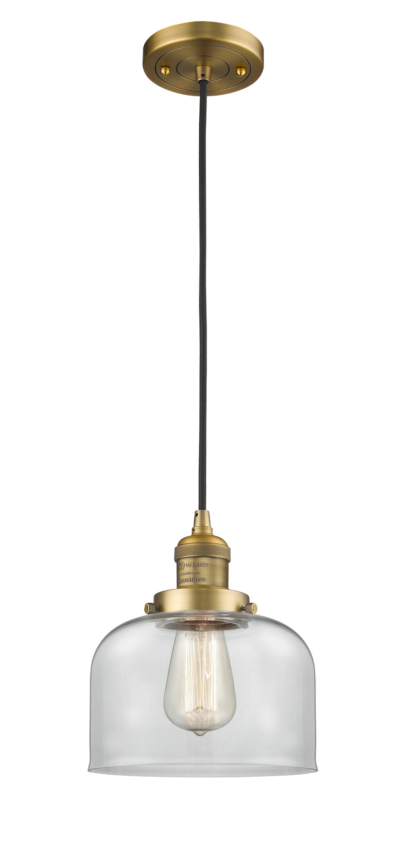 Innovations Lighting Large Bell 1-100 watt 8 inch Brushed Brass Mini Pendant with Clear glass 201CBBG72