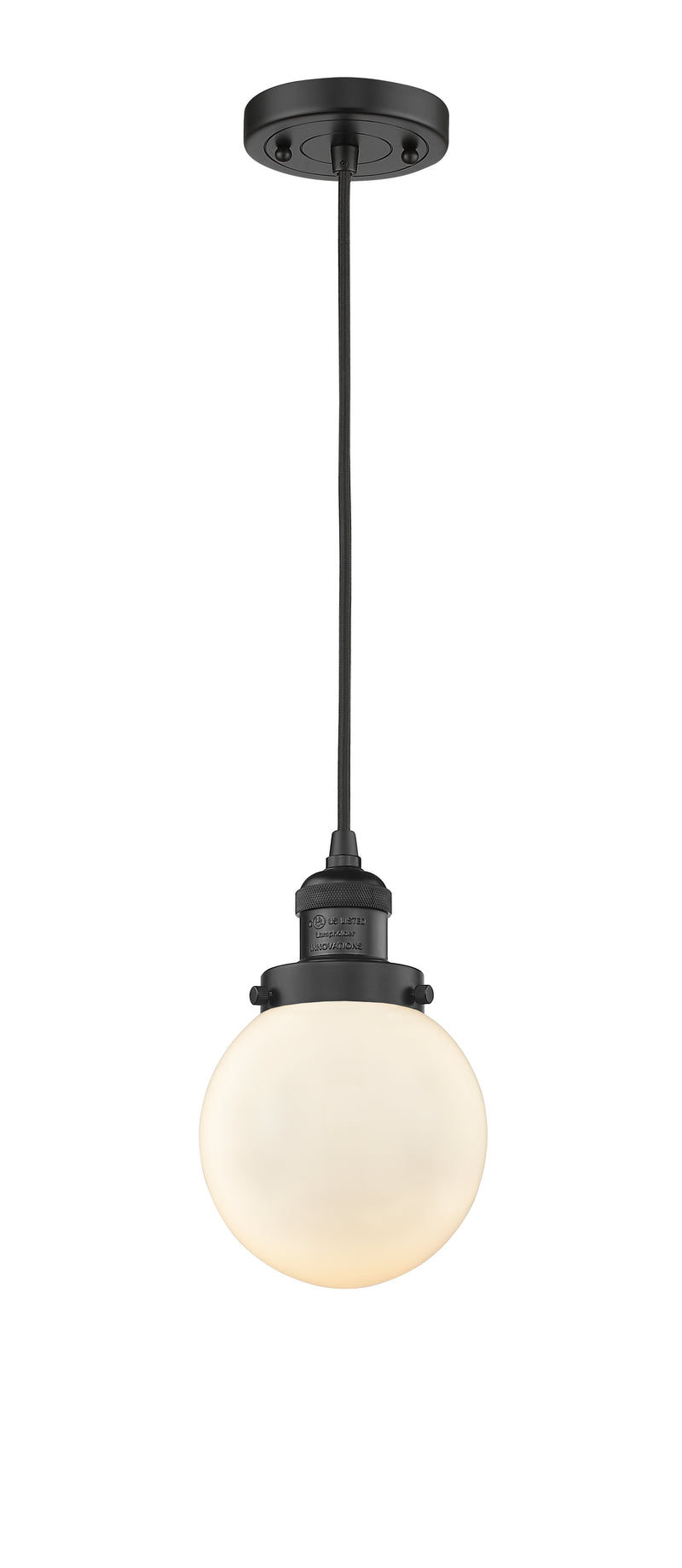 Innovations Lighting Beacon 1-100 watt 6 inch Black Mini Pendant with Matte White Cased glass 201CBKG2016