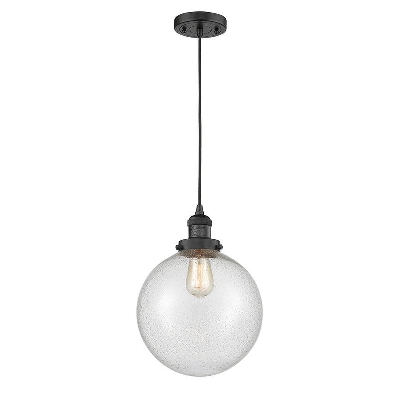 Beacon Mini Pendant shown in the Matte Black finish with a Seedy shade