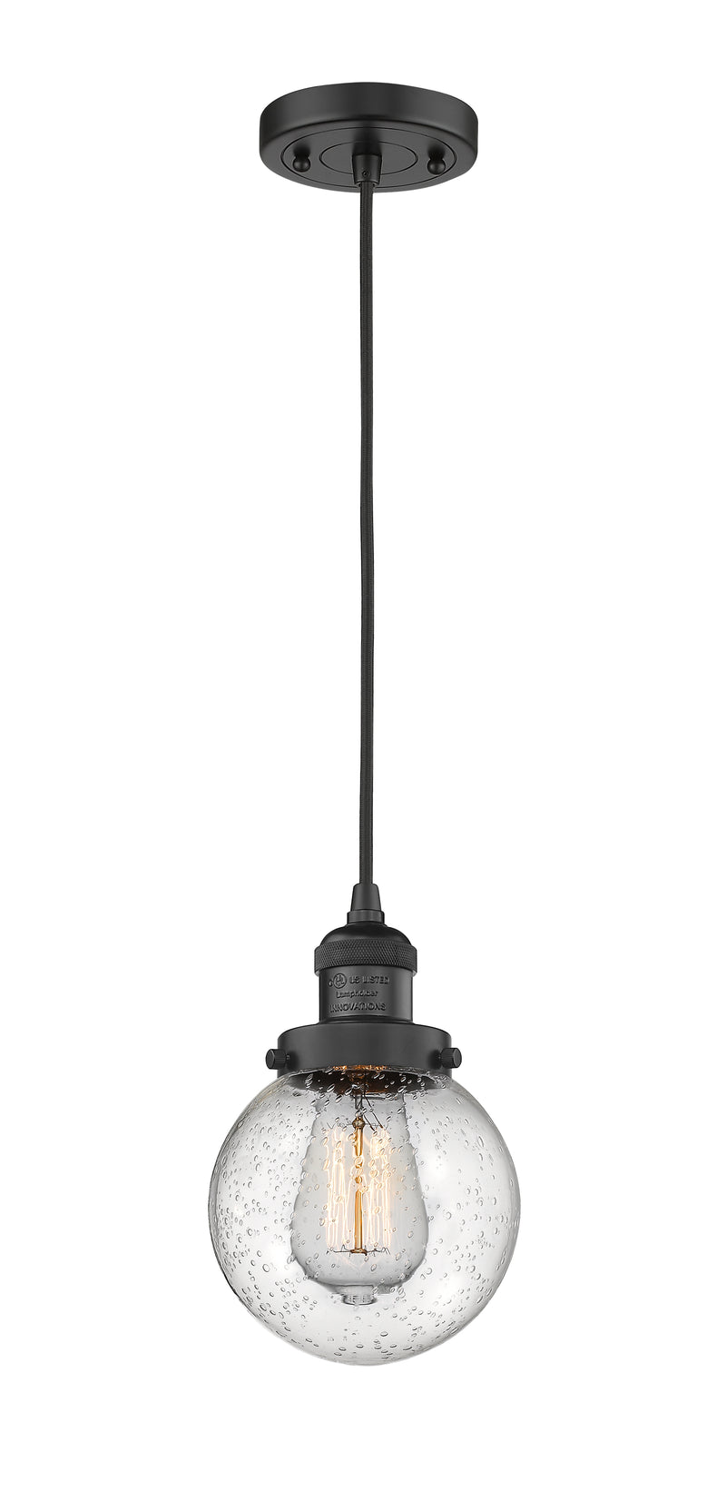 Innovations Lighting Beacon 1-100 watt 6 inch Black Mini Pendant with Seedy glass 201CBKG2046