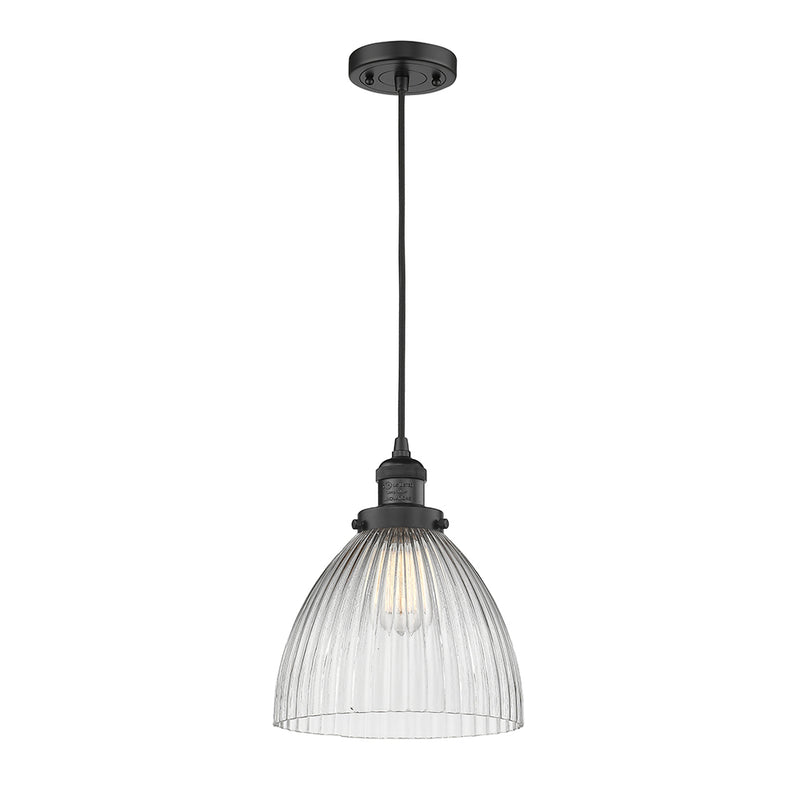 Seneca Falls Mini Pendant shown in the Matte Black finish with a Clear Halophane shade