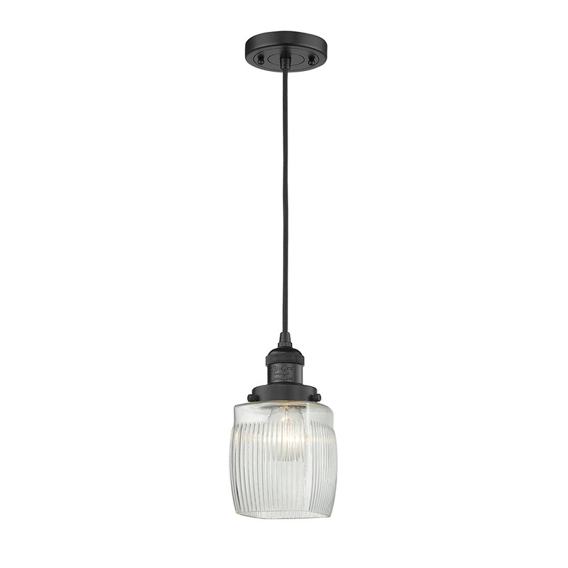 Colton Mini Pendant shown in the Matte Black finish with a Clear Halophane shade