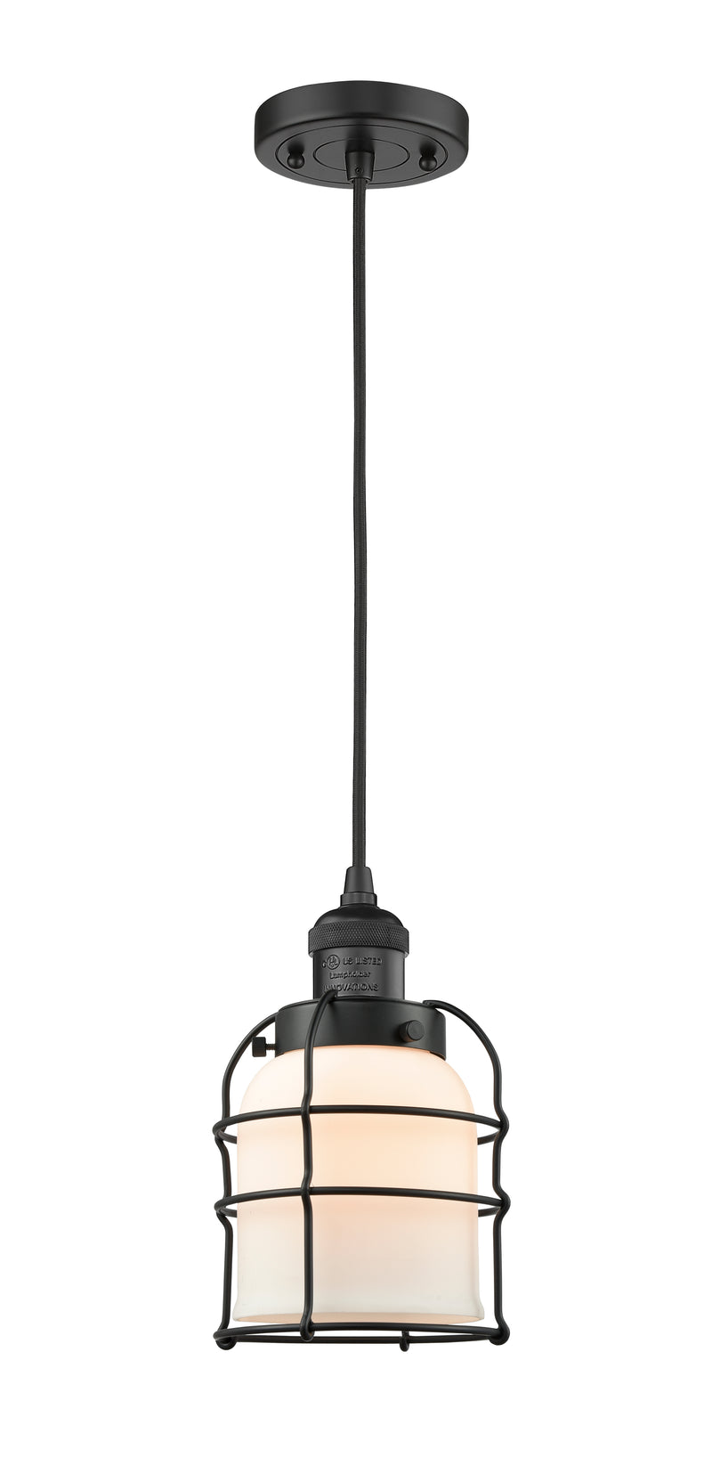 Innovations Lighting Small Bell Cage 1-100 watt 8 inch Black Mini Pendant with Matte White Cased glass 201CBKG51CE