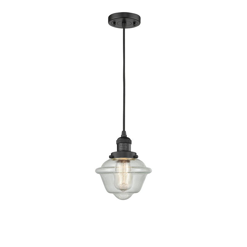 Oxford Mini Pendant shown in the Matte Black finish with a Seedy shade