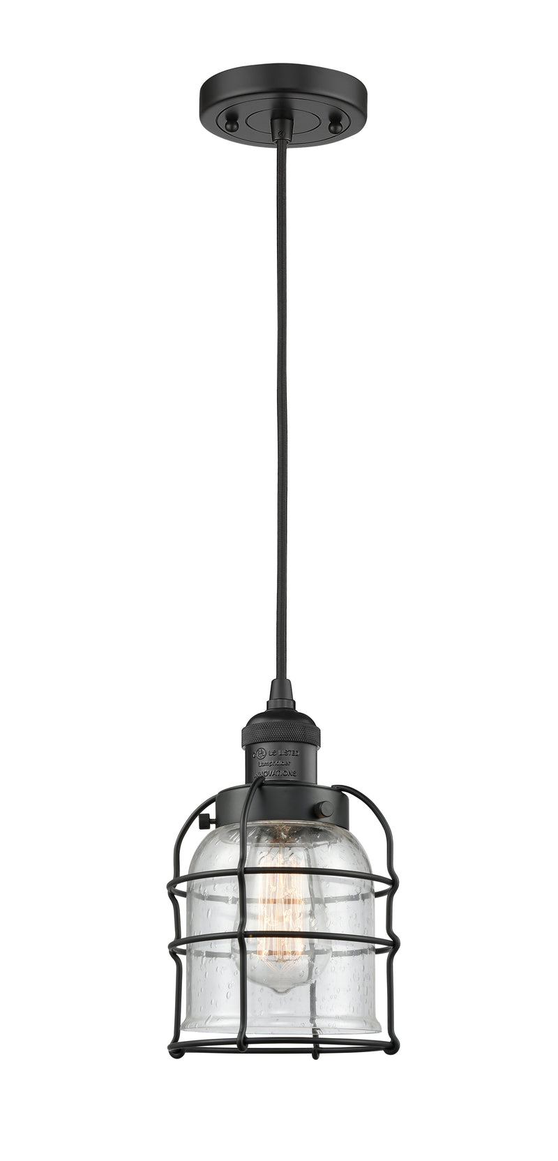Innovations Lighting Small Bell Cage 1-100 watt 8 inch Black Mini Pendant with Seedy glass 201CBKG54CE