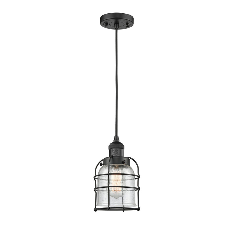 Bell Cage Mini Pendant shown in the Matte Black finish with a Seedy shade