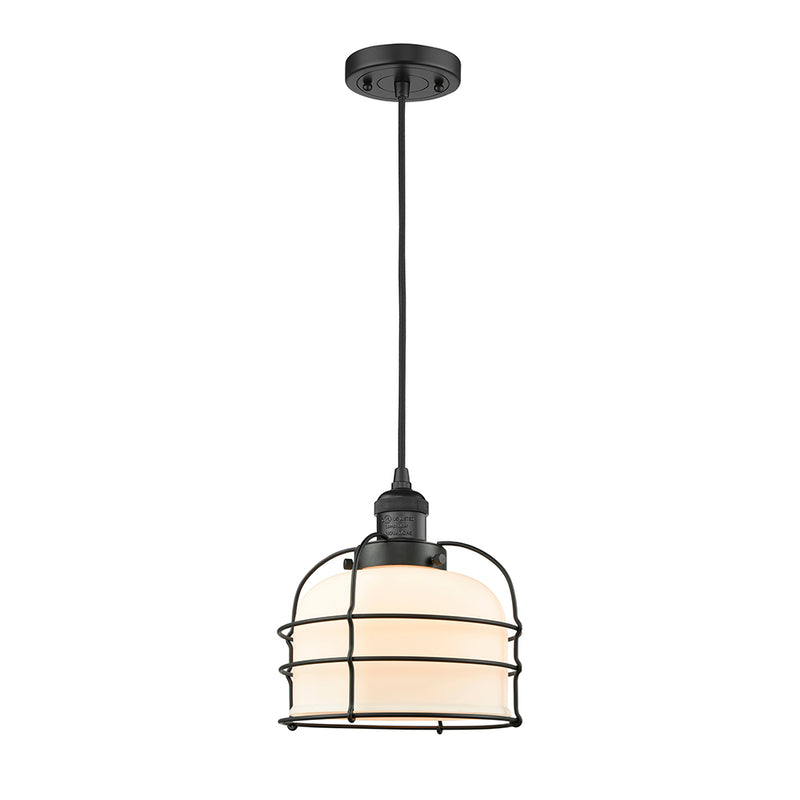 Bell Cage Mini Pendant shown in the Matte Black finish with a Matte White shade