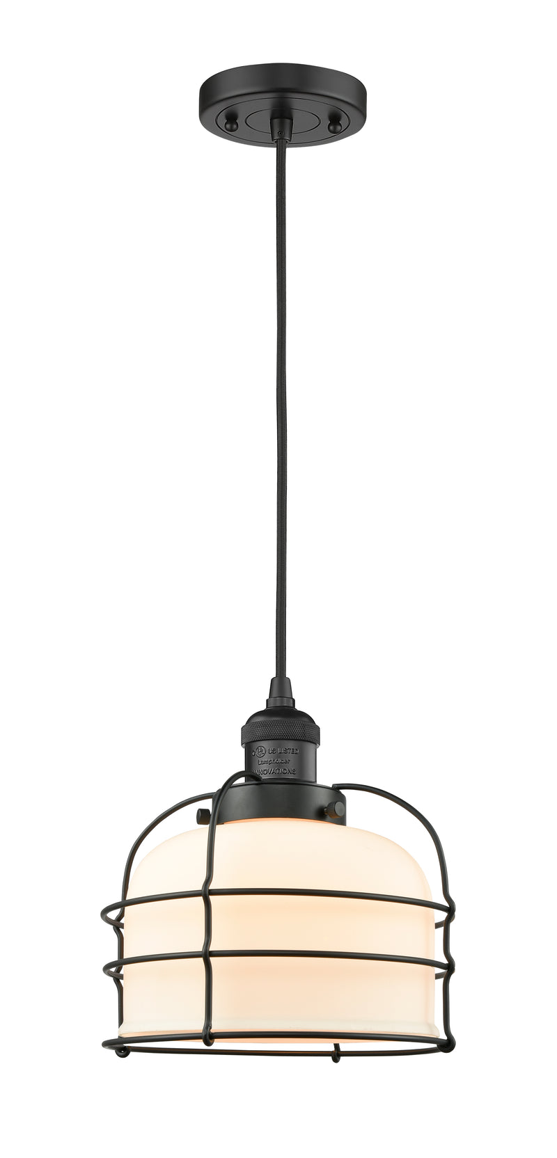 Innovations Lighting Large Bell Cage 1-100 watt 8 inch Black Mini Pendant with Matte White Cased glass 201CBKG71CE